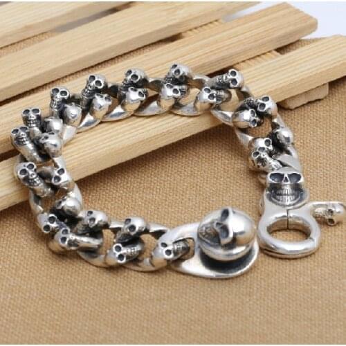 Handmade Thai 925 Siilver Skull Chain Bracelet 230mm Sterling Silver Man Bracelet Jewelry Gift Skull Jewelry