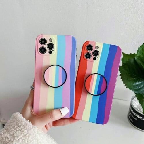 Rainbow Camera Protection Phone Case for iPhone 12 11 Pro Max Xs Max Xr 7 8plus Holder Stand IMD Tpu Silicone Back Cover Case