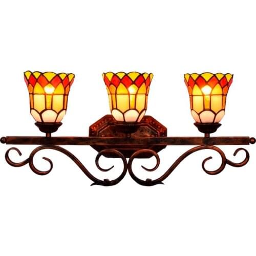 European Vintage Tiffany Red Glass Wall Mirror Lamp for Bathroom Bar Aisle Vintage Handmade 3 Heads Flowers Porch Light 1144
