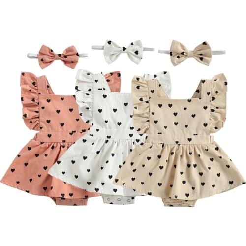 Summer Baby Girls Rompers Heart Printed Ruffles Short Sleeve Backless Jumpsuit Headband 3 Colors