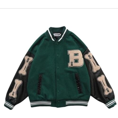 Hip Hop Streetwear Men Jackets Woolen Vintage Baseball Jacket Furry Bone Patchwork Color Block Harajuku Bomber Unisex Jacket