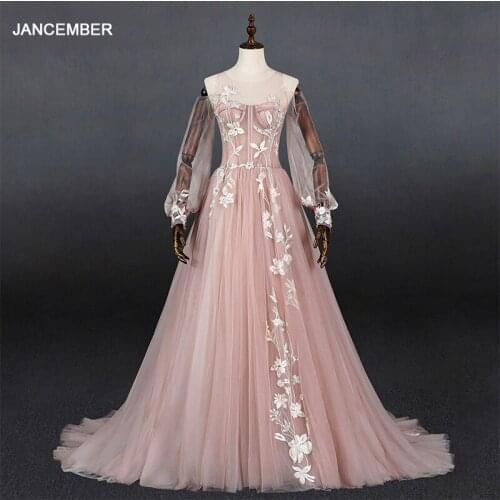 LSDZ34 Simple Pink Elegant Long Sleeve Evening Dress 2021 Button With Back A-Line Floor-Lenght Appliques