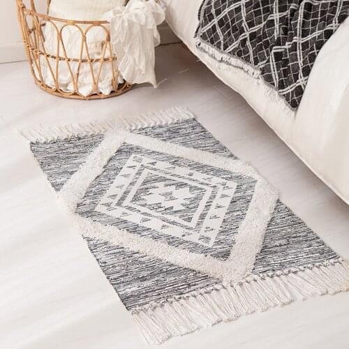 Morocco Gray Hand Tufted Rug Diamond Check Shag Area Rugs Cotton Woven Bath Mat with Anti Skid Pad Throw Rug Machine Washable