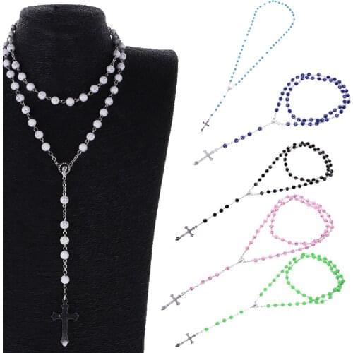 Fashion Womens Girls Rosary Beads Long Sweater INRI Cross Pendant Necklace Chain