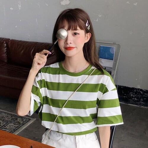 Fashion Women Summer Tee Top Loose Striped Print T-shirt Casual Girls Tshirt Tops