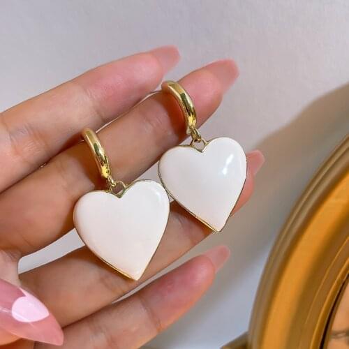 AENSOA 2021 Enamel White Color Heart Shape Hook Dangle Earrings for Women Korean Exaggerate Earrings Fashion Jewelry Wholesale