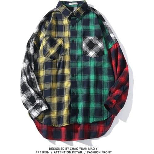 Men Oversized Shirt S-5xl Cotton Male Lattice Patchwork Button Up Shirt Long Sleeve Fashion Hip Hop Streetwear Best Seller