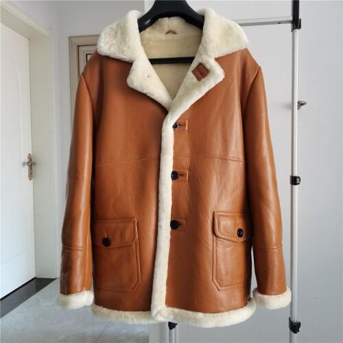 Guaranteed Genuine Leather Sheepskin Fur Shearling Male Thick Fur Clothing Yellow Winter Sheepskin Jacket Men Fur Overcoat