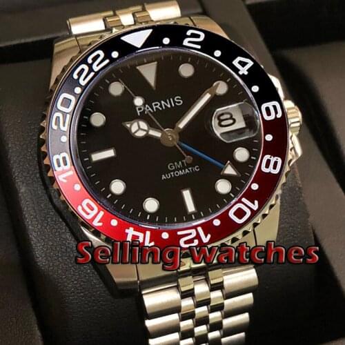 40mm PARNIS black dial Jubilee Bracele Sapphire crystal date GMT automatic mens watch Mechanical watches