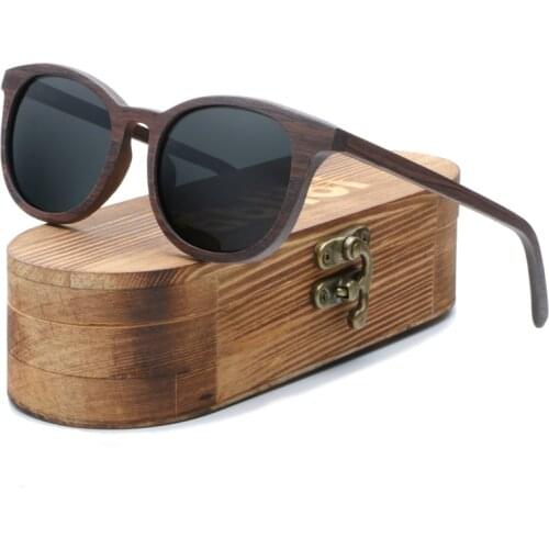 Ablibi Women Men Wood Bamboo Sunglasses Vintage Luxury Brand Designer Polaroid Sun Glasses (walnut black)