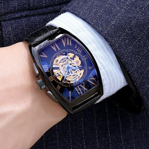 New Black Rectangle Fashion Luxury Top Brand Watch Men Automatic Mechanical Watch Skeleton Male Gift Clock Leather Wristwatches