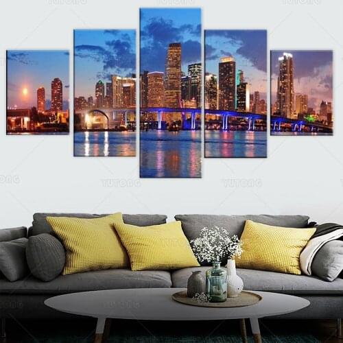 Miami City Skyline Panorama at Dusk with Urban Skyscrapers and Bridge Over Sea Modern poster print wall art canvas Home Decor
