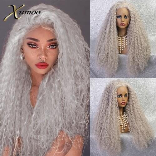 XUMOO High Density Light Grey Synthetic Lace Front Wig Kinky Curly Ash Blonde Drag Queen Cosplay Party WIgs For Black Women