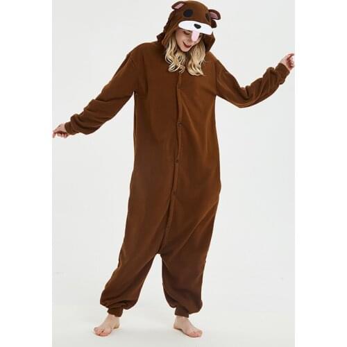 Brown Bear Onesies Sleepwear Adult Unisex Flannel Winter Warm One-piece Hooded Pajamas Casual Homewear Christmas Cosplay Costume