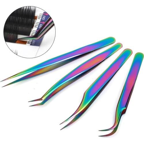 Professional Stainless Steel Rainbow Eyelashes Tweezers For Fake Lashes Extension Nipper Anti-static Straight Curved Tweezer
