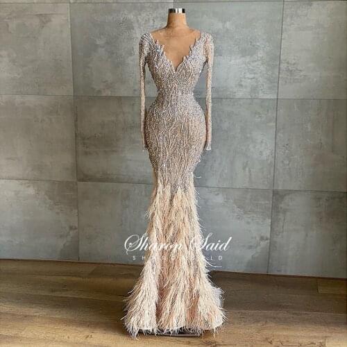 Luxury Silver Nude Mermaid Muslim Evening Dresses 2021 Long Sleeve Dubai Feather African Prom Dress for Women Wedding Party Gown