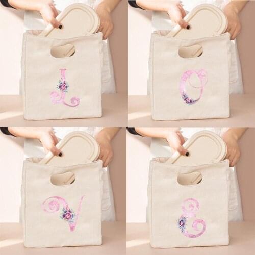 Pink Letters A-Z Flower Printing Lunch Pouch Travel Outdoor Eco Picnic Box Causal School Cooler Bag Fashion Harajuku Handbag
