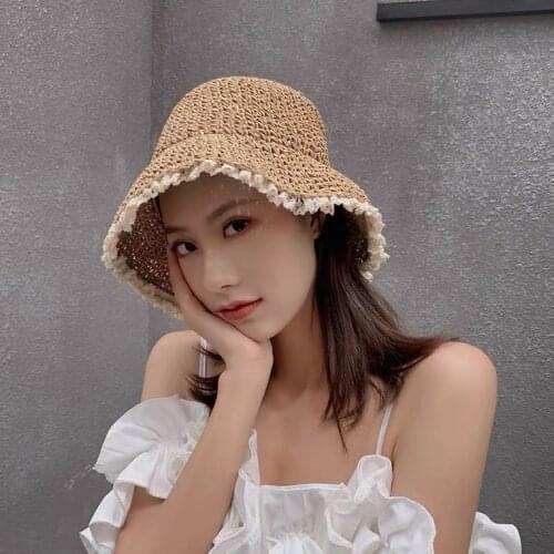 2021 Hat Lace Brim Straw Hat Female Summer Small Fresh Beach Sunshade Hat Tide Sunscreen Straw Fisherman Hat Beach Outdoor