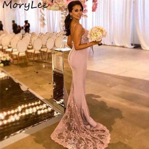 Evening Dresses Spaghetti Straps Mermaid Silk Satin Lace Evening Dresses With Covered Button Back vestidos de fiesta de noche