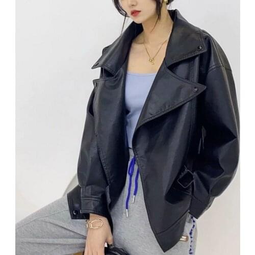 2021 Fashion Women Punk Style Black PU Faux Leather Jackets Female Long Loose Oversized Turn-down Collar Wild Coats Streetwear
