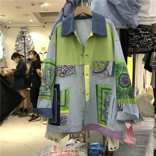 Womens jacket 2021 new printing stitching denim jacket fashion color matching denim jacket trend