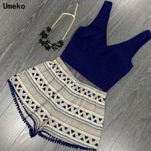 Fashion Summer Women Fashion Sexy Deep V-neck Bohemia Sleeveless Crop Two Piece Set Tops&Shorts Outfits Sports Fitness Clothing