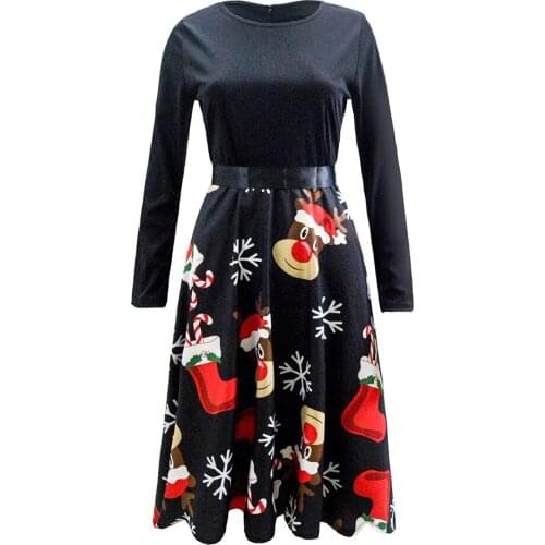 2020 Ladies fall Bow Christmas festival round neck dress women elegant long sleeve big swing activity party dress A-line retro