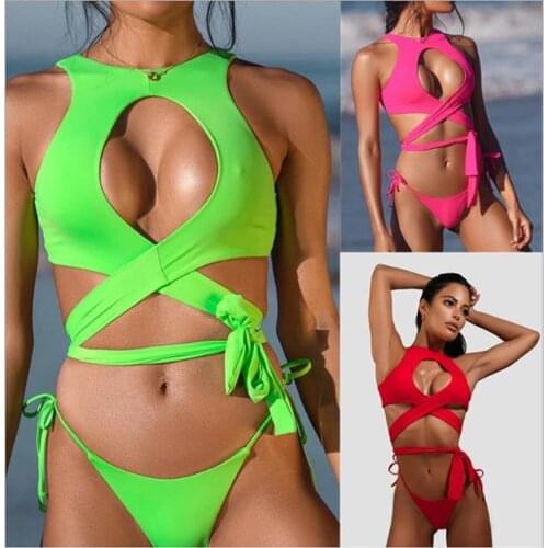 2021 Aew European And American Bikini Solid Color Binding Cross Hollow Sexy Swimsuit 0053