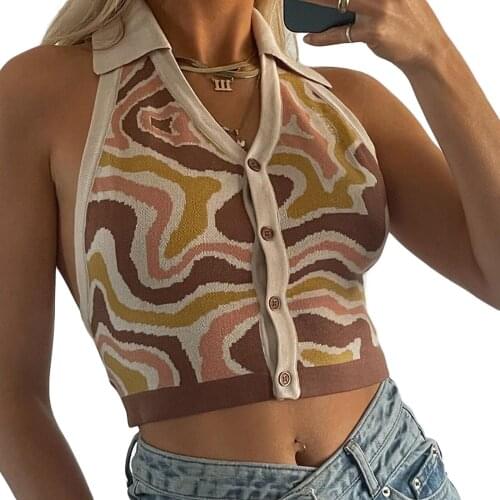 2021 Fashion Y2K Sexy Women’s Halter Knitted Tank Top Sleeveless Lapel Backless Ripple Exposed Navel Camisole Casual Crop Top