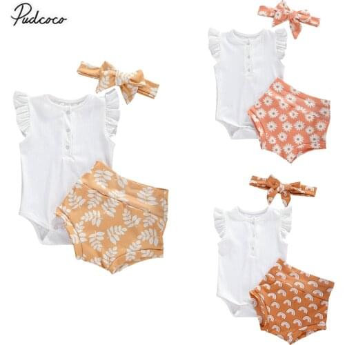 Pudcoco Fast Shipping 0-18M 3Pcs Baby Girl Clothing Set Off Shoulder Solid Cotton Romper Top Printed Shorts Headband Outfit Set