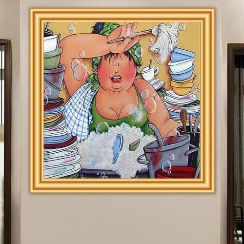 5D DIY Diamond Painting "Fat Lady" Cross Stitch Full Drill Diamond Embroidery Cartoon Kitchen Woman Mosaic Picture Home Decor