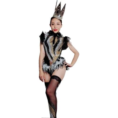 Sparkly Rhinestones Black White Feather Mesh Bodysuit Leggings Nightclub Women Stage Performance Outfits Birthday Party Wear