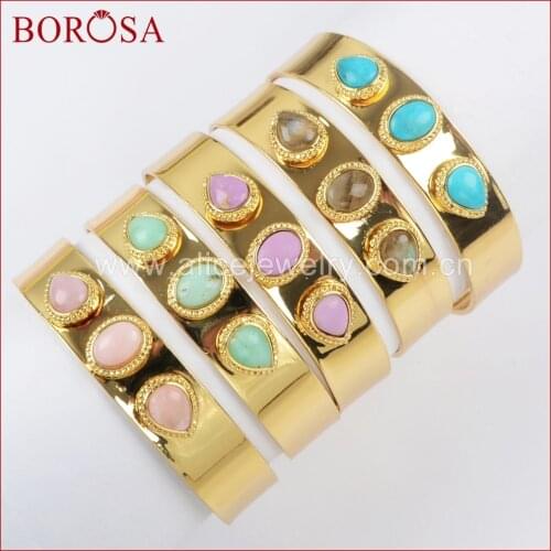 BOROSA Fashion Howlite Bangles for Women, Gold Color Bezel Three Multi Kind Gems Bangle Oval Teardrop Shape Mixed Colors ZG0233