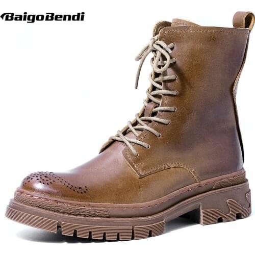 Hight Quality Mens Genuine Leather Mid-calf Boots Elegant Craved Soliders Zip Motorcycle Boots Height Increase Shoes 5cm