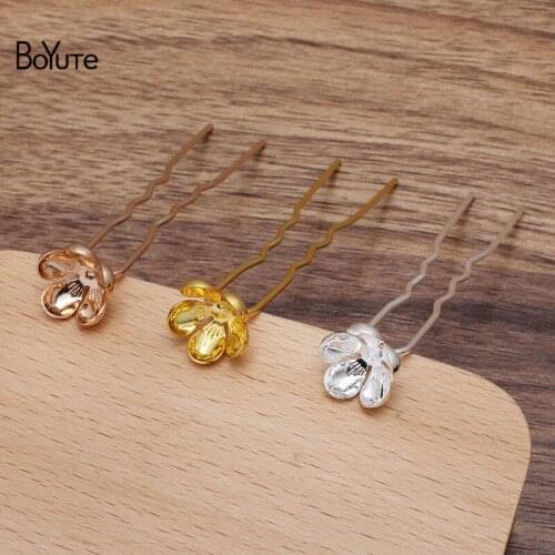 BoYuTe (10 Pieces/Lot) 5*12MM Metal Brass Flower Hairpins Hair Fork Accessories Diy Handmade Jewelry Materials Wholesale