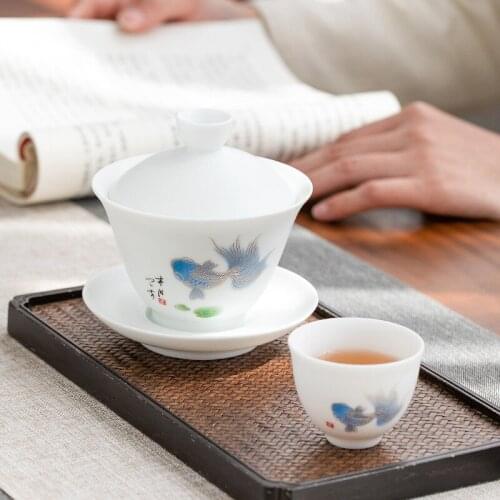 Cover Bowl Tea Cup Home New Style Ceramic Whiteware Large Cover Bowl Tea Bowl Sheep Fat Jade Single Kung Fu Tea Set Gaiwan