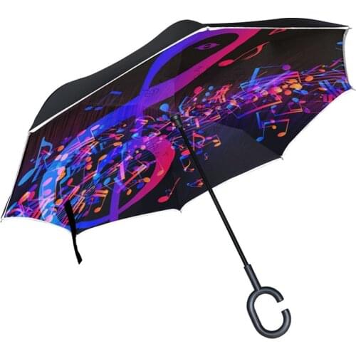 Music Note Design Reverse Umbrella Double Layer Inverted Long C Hand Holder Stand Windproof Rolling Over Rain Umbrella For Car