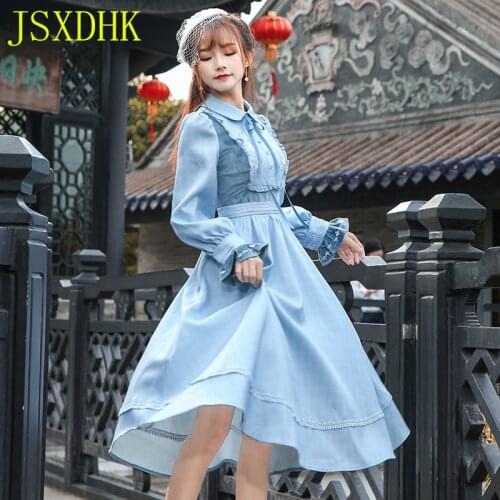JSXDHK Elegant Spring Women Party Dress 2019 Fashion Blue Patcwhork Velvet Flare Sleeve Dress Vintage Embroidery Floral Dress