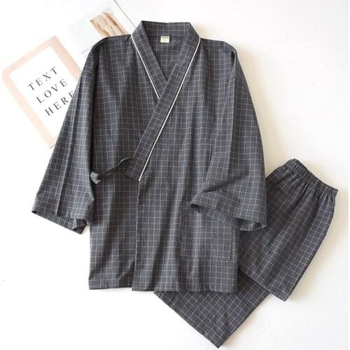 Japanese-style kimono, cotton gauze, spring and autumn mens plaid nightgown two-piece home service yukata lace-up pajama set