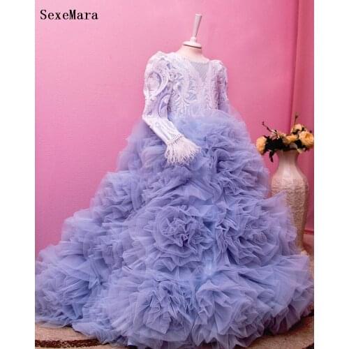 Cloud Ball Gown Flower Girl Dress for Wedding Princess Long Sleeve Lace Girls Pageant Gown Birthday Prom Christmas Dresses