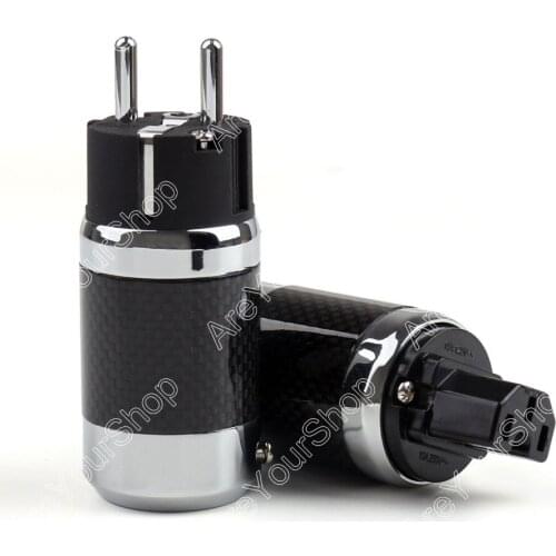 Areyourshop Sale 1 Set EU Schuko Copper Rhodium Plated Carbon Fiber AC Power Plug Connector High Quality Mini Jackplug