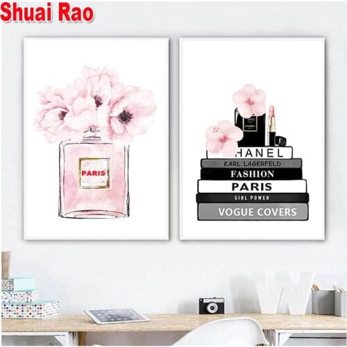 Fashion Book Perfume Bottle Posters Wall Art Diamond Painting Watercolor Flowers Vogue Pictures for Living Room Home Decor