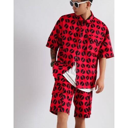 Fashion shirt men short sleeve shirt set short pants korean Geometric circle shirt mens personality stage singer summer b638