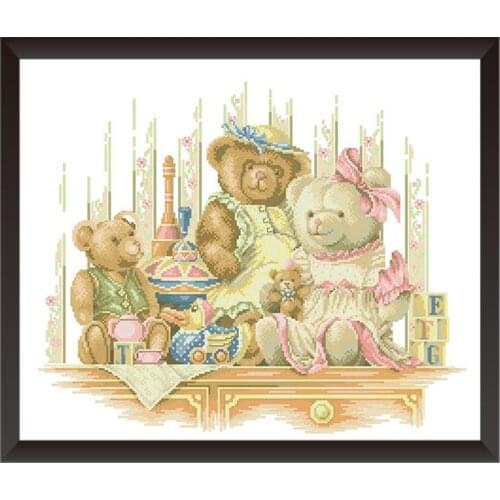 Bear Family Counted Cross Stitch Kits Printed Fabric Embroidery Needlework Sets 11CT 14CT DIY Handmade Craft Home Decor Painting