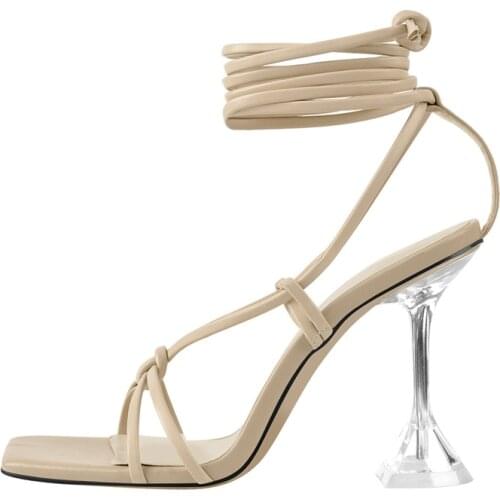 Onlymaker Womens 2021 Summer Sandals Transparent Tapered High Heels Open Square Toe Nude Strap Lace-Up Shoes Big Size US5-15