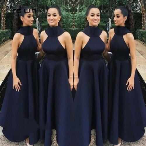 Mrs win Bridesmaid Dress Navy Blue Sleeveless Vestido Madrinha Long Plus Size Elegant A-line Wedding Guest Dresses HR319
