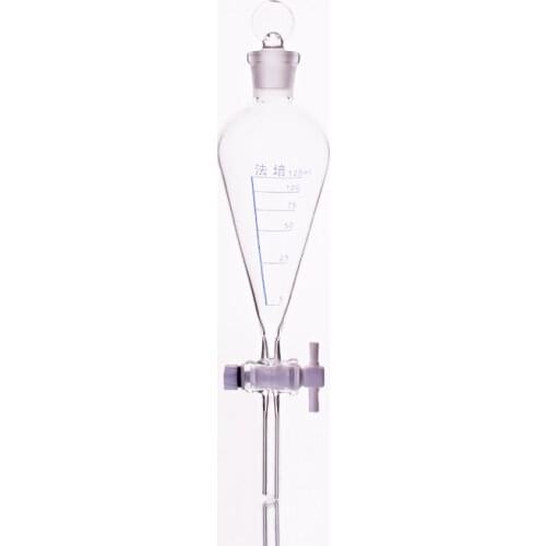 Separatory funnel pear shape,with ground-in glass stopper and stopcock.Capacity 125ml,PTFE switch valve