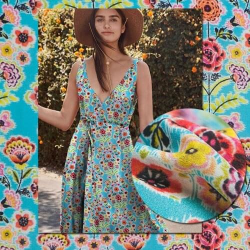 Retro orange floral print bright lake blue pure silk crepe de chine fabric,sewing for shirt,blouse,dress,skirt,craft by the yard