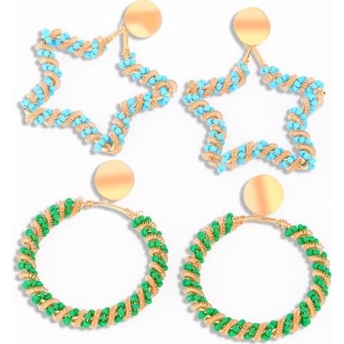 FLOLA Boho Handmade Beaded Star Earrings For Women Big Circle Round Hanging Earrings Beads Bohemian Jewelry Women Gifts ersv43