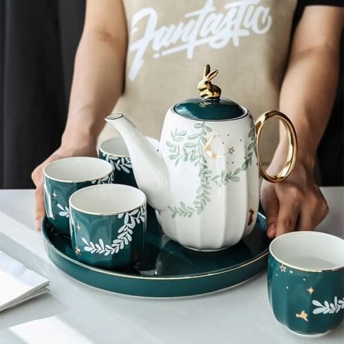 Nordic Gold Inlay Teaware Set Europe Porcelain Tea Set Ceramic Pot Kettle Coffee Cup Tea Mug Coffeeware With Porcelain Tray